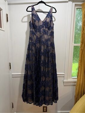 Navy Lace Overlay V-Neck Evening Gown - Mother of Bride/Mother of Groom/Prom